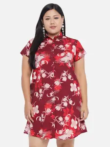 Indietoga Plus Size Maroon Floral Crepe A-Line Dress