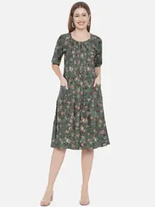 Indietoga Green & Off White Floral Printed A-Line Dress
