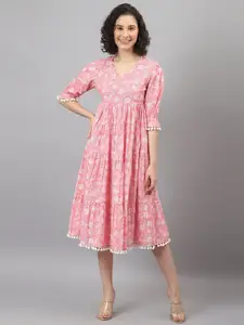 DEEBACO Pink Floral Printed Puff Sleeves Fit & Flare Cotton Dress