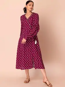 INDYA Pink Ethnic Motifs Midi Dress