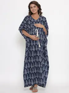 Ikk Kudi by Seerat Blue Printed Pure Cotton Maternity Maxi Nightdress