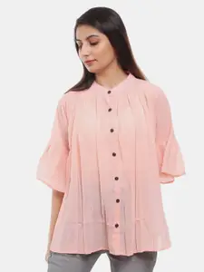 V-Mart Peach-Coloured Mandarin Collar Pure Cotton Shirt Style Top