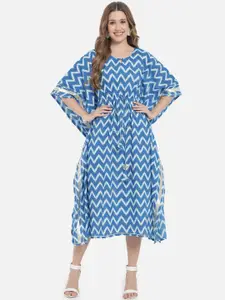 Meeranshi Women Blue Keyhole Neck Cotton Kaftan Midi Dress
