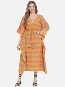 Meeranshi Mustard Yellow & Pink Striped Fringed Kaftan Cotton Midi Dress