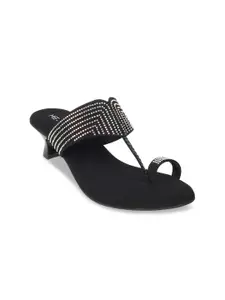 Metro Black & Silver-Toned Embellished Block Heels