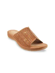 Metro Women Tan Textured Open Toe Flats with Laser Cuts