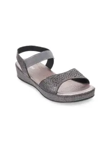 Mochi Grey & Silver-Toned Embellished Flatform Heels
