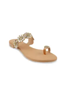 Mochi Women Gold-Toned Embellished One Toe Flats