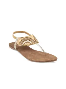 WALKWAY by Metro Women Gold-Toned Embellished T-Strap Flats