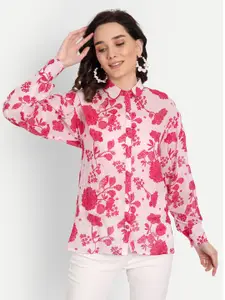 KAPASRITI Women Pink Boxy Floral Semi Sheer Printed Casual Shirt