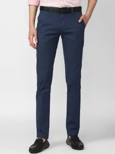 V Dot Men Blue Checked Slim Fit Trousers