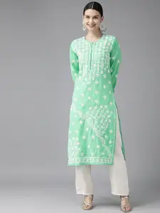 ADA Women Sea Green & White Ethnic Motifs Embroidered Chikankari Kurta