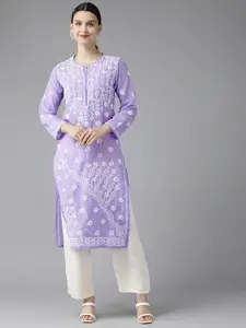 ADA Women Mauve & White Ethnic Motifs Embroidered Chikankari Kurta