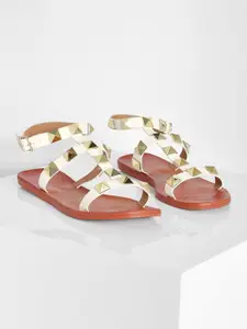 Boohoo Women White & Gold-Toned Studded Open Toe Flats