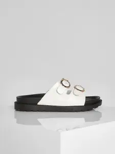 Boohoo Women White Croc Textured Open Toe Flats with Buckle Detail