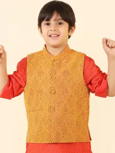 Fabindia Boys Yellow Printed Pure Cotton Nehru Jacket