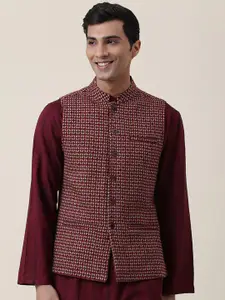 Fabindia Men Maroon Woven Design Woollen Nehru Jacket