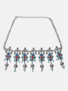 Tipsyfly Silver-Toned & Blue Brass Silver-Plated Necklace