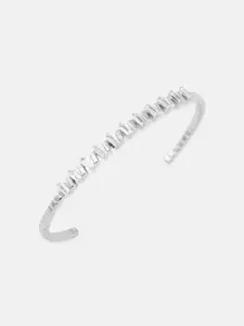 Tipsyfly Women Rhodium-Plated White & Silver-Toned Brass Cubic Zirconia Cuff Bracelet