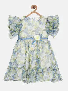 Aomi Girls Yellow & Blue Floral Printed A-Line Dress