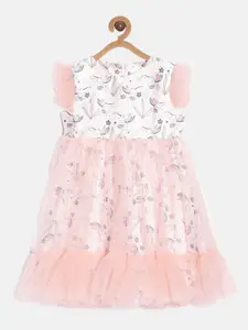 Aomi Girls Peach-Coloured & White Floral Printed Fit & Flare Dress