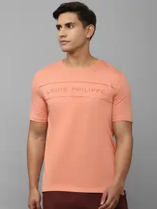 Louis Philippe Men Peach-Coloured Typography Printed Slim Fit T-shirt