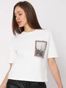 Vero Moda Women White Printed Drop-Shoulder Sleeves T-shirt