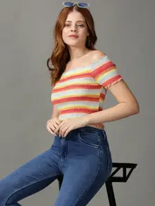 SHOWOFF Women White & Yellow Striped Off-Shoulder Top