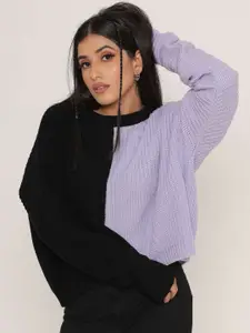 KASMA Women Black & Purple Colourblocked Wool Pullover