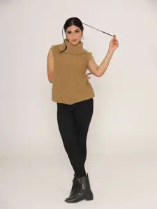 KASMA Women Camel Brown Cable Knit Wool Sweater Vest