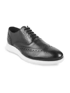 Metro Men Black Textured Leather Formal Broques Shoes
