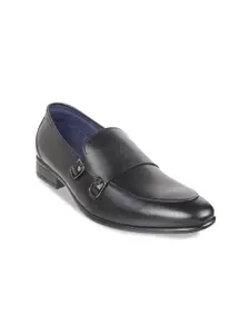 Metro Men Black Solid Leather Formal Monk Shoes