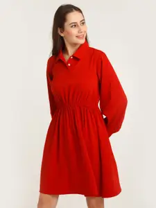 Zink London Fit and Flare Shirt Collar Long Sleeves Dress