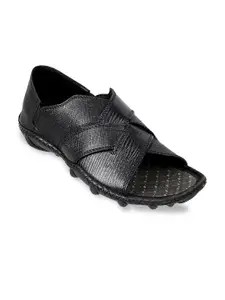 J.FONTINI Men Black Leather Comfort Sandals