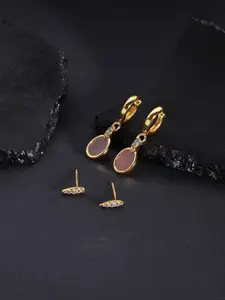 Accessorize London Women 14K Gold Plated Z Stone Rose Quartz Stud And Hoop Earring Set