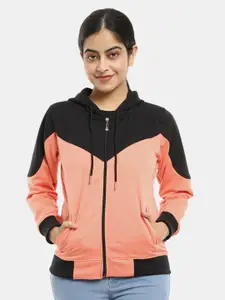 V-Mart Women Peach Colourblocked Hooded Fleece Sweatshirt