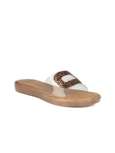 SOLES Women Bronze-Toned Embellished Open Toe Flats