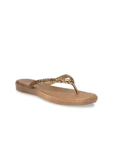 SOLES Women Bronze-Toned Embellished Open Toe Flats