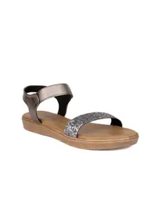 SOLES Women Gunmetal-Toned Embellished Open Toe Flats