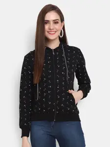 V-Mart Women Black Printed Hooded Fleece Sweatshirt