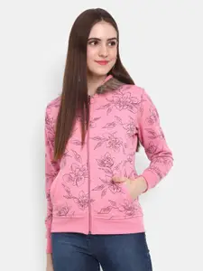 V-Mart Women Pink Printed Hooded Fleece Sweatshirt