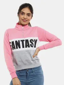 V-Mart Women Pink & Grey Colourblocked Half Zipper Fleece Sweatshirt