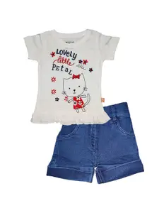 Bodycare Kids Girls White & Blue Printed Pure Cotton T-shirt with Shorts