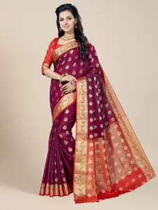 MS RETAIL Magenta & Red Woven Design Zari Silk Blend Kanjeevaram Saree