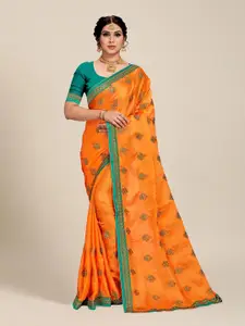 MS RETAIL Orange & Green Ethnic Motifs Embroidered Silk Blend Saree