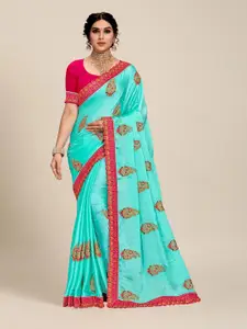 MS RETAIL Blue & Pink Paisley Embroidered Silk Blend Saree