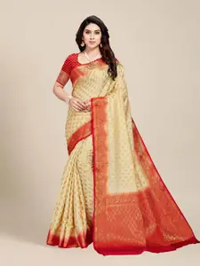 MS RETAIL Cream-Coloured & Red Woven Design Zari Silk Blend Fusion Kanjeevaram Saree