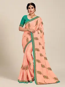 MS RETAIL Peach-Coloured & Blue Embellished Embroidered Silk Blend Saree