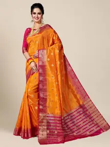 MS RETAIL Orange & Gold-Toned Woven Design Zari Silk Blend Kanjeevaram Saree