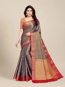 MS RETAIL Grey & Red Woven Design Zari Silk Blend Kanjeevaram Saree